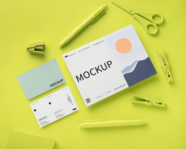 PSD top view on cyber lime stationery mockup