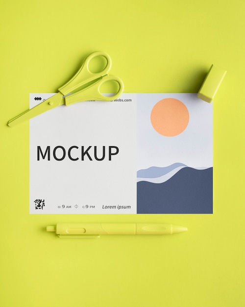 Top view on cyber lime stationery mockup