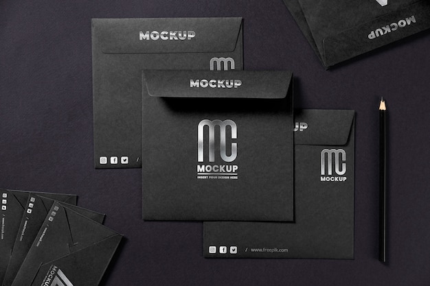 PSD top view over dark envelope mockup design