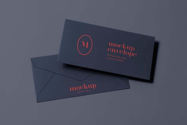 PSD top view on dark envelope mockup