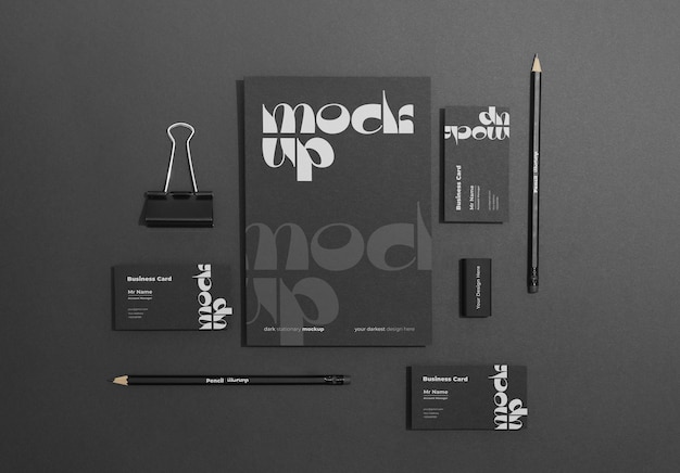 PSD top view dark stationery set