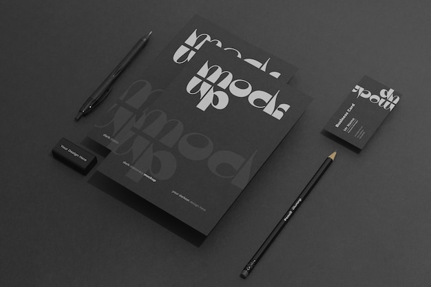 PSD top view dark stationery set