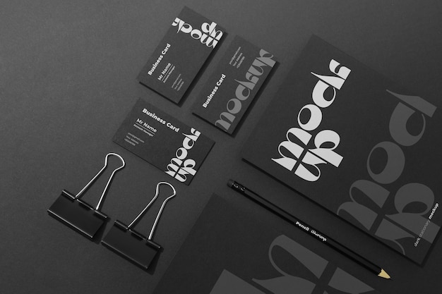 PSD top view dark stationery set