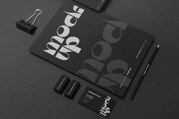 PSD top view dark stationery set