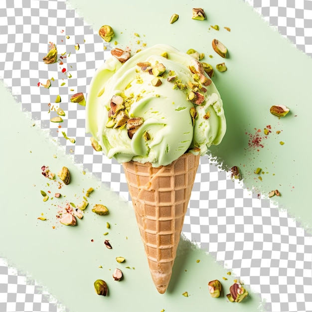 PSD top view of a delectable ice cream scoop with pistachio nuts on a transparent background