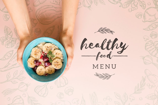 top view delicious fruit bowl concept