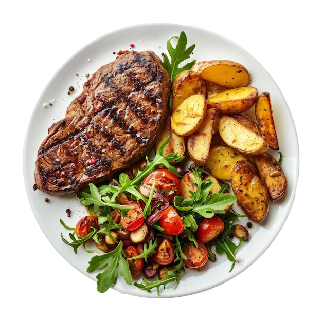 Top view of delicious grilled beef steak and rustic potatoes wedges with vegetable salad served on plate