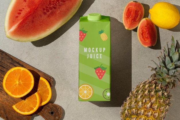 PSD top view delicious juice box and watermelon