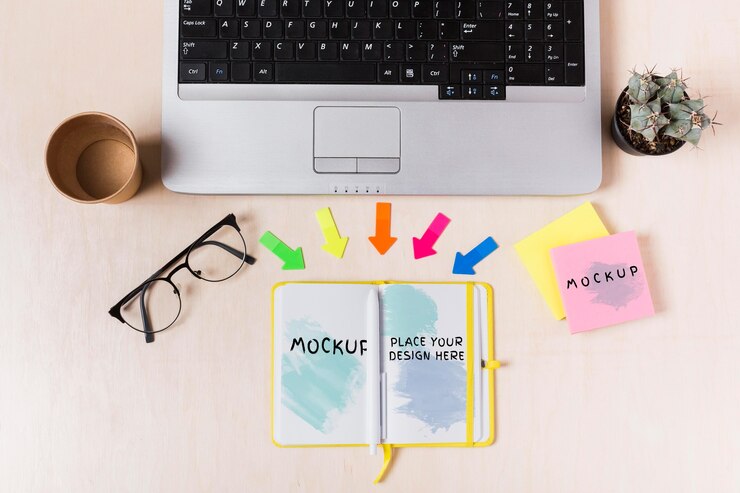 PSD top view of desk concept with agenda mock-up