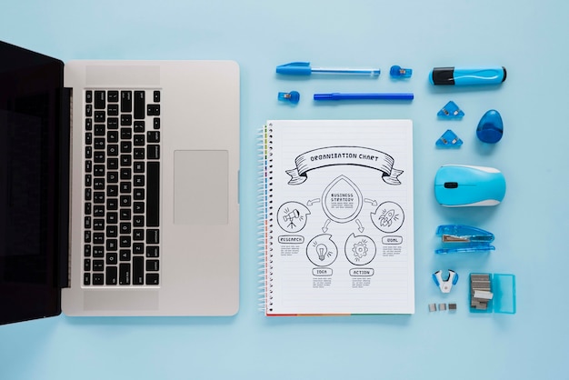 Top view desk concept with laptop