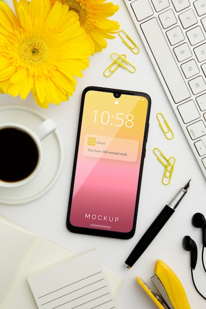 PSD top view desk concept with smartphone