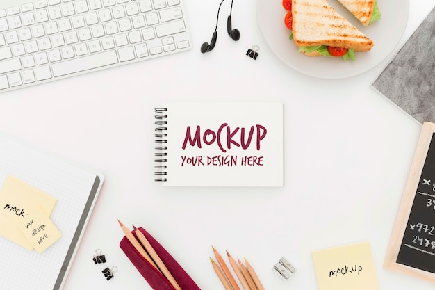 PSD top view desk with sandwich and agenda mock-up