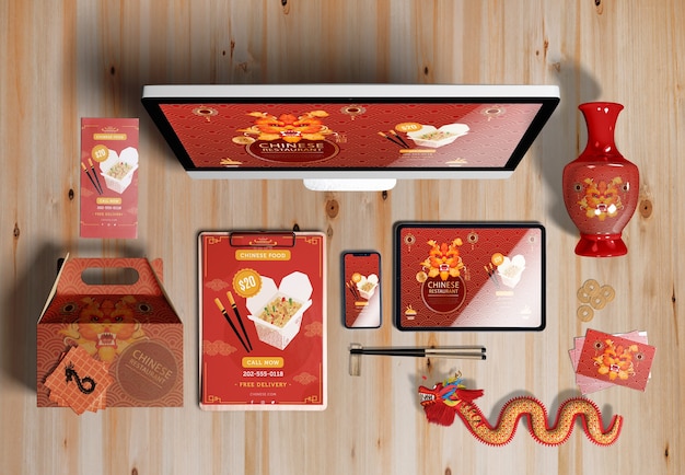 top view digital devices and gifts for chinese new year