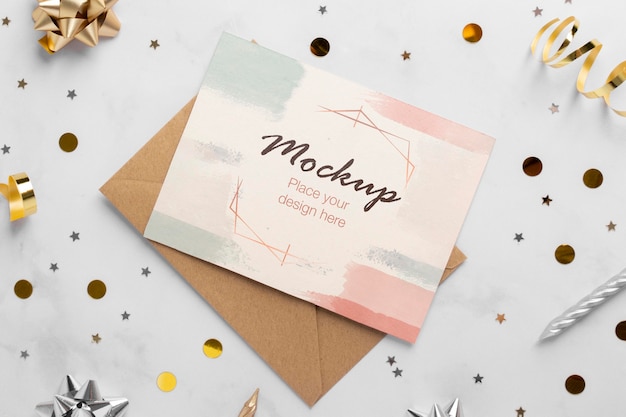 top view of elegant birthday card with ribbon and confetti