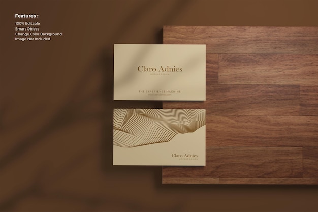 PSD top view elegant business card mockup on wood