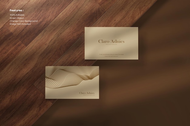 PSD top view elegant business card mockup on wood