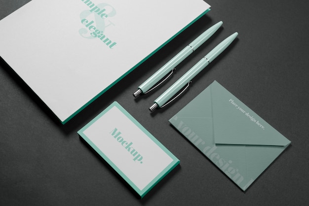 PSD top view elegant stationery arrangement