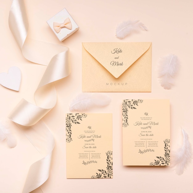 Top view elegant wedding invitation concept