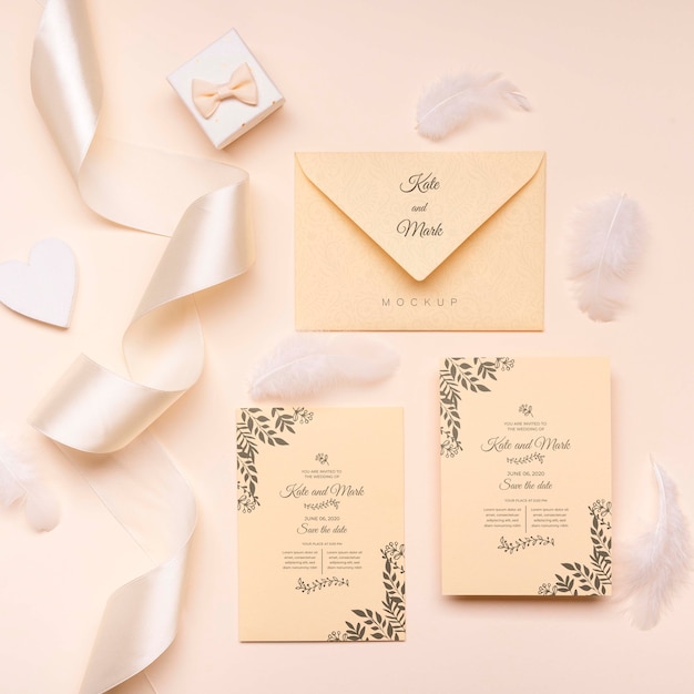 PSD top view elegant wedding invitation concept