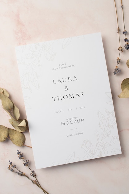 PSD top view of elegant wedding invitation mock-up