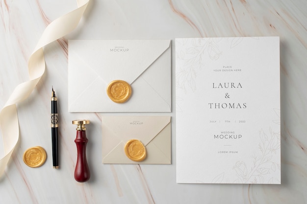 PSD top view of elegant wedding invitation mock-up