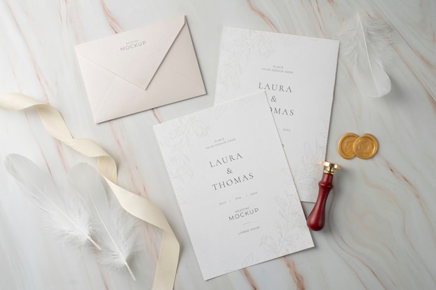 PSD top view of elegant wedding invitation mock-up