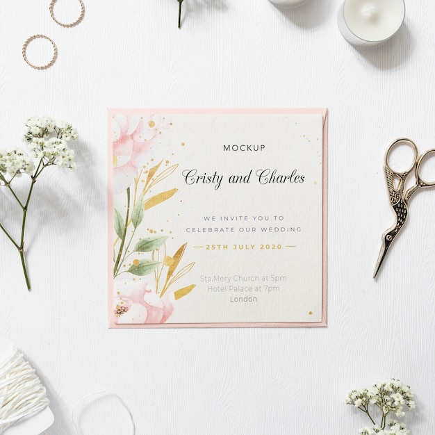 Top view elegant wedding invitation with mock-up