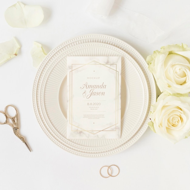 PSD top view elegant wedding invitation with mock-up