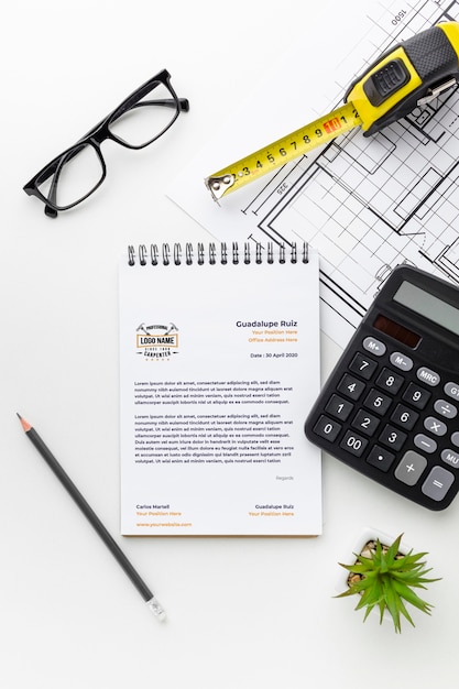 top view engineering tools with notepad mock-up