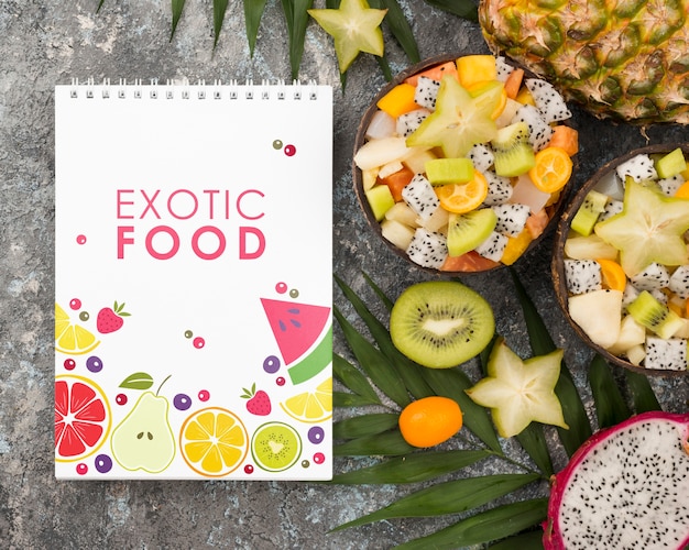 PSD top view exotic food concept with mock-up