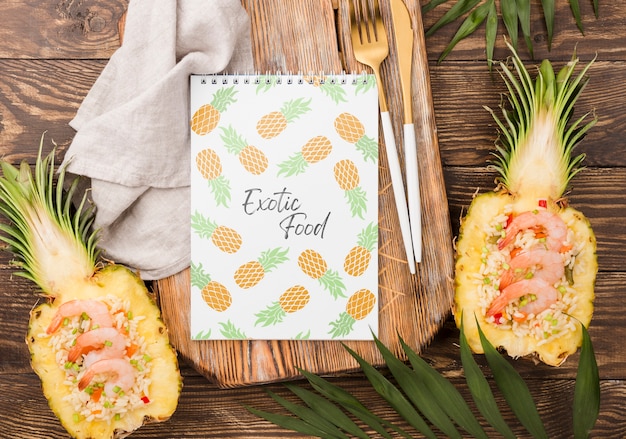 top view exotic pineapples with mock-up