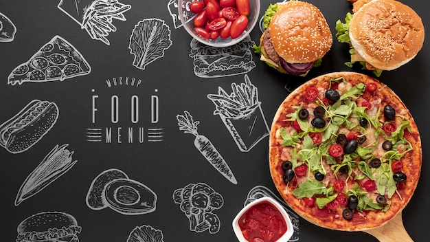 PSD vista dall'alto di fast food su sfondo nero mock-up