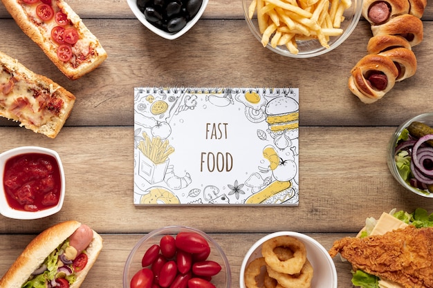 top view of fast food mock-up on wooden table