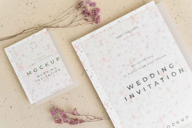 PSD top view of filmy wedding invitation mock-up