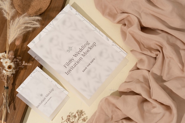 PSD top view of filmy wedding invitation mock-up