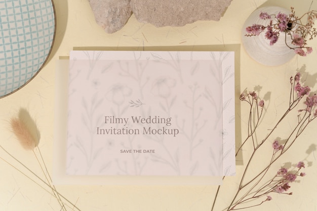 PSD top view of filmy wedding invitation mock-up