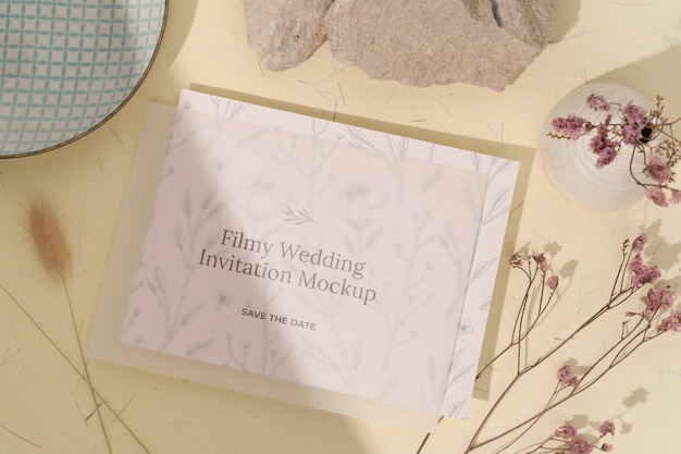 PSD top view of filmy wedding invitation mock-up