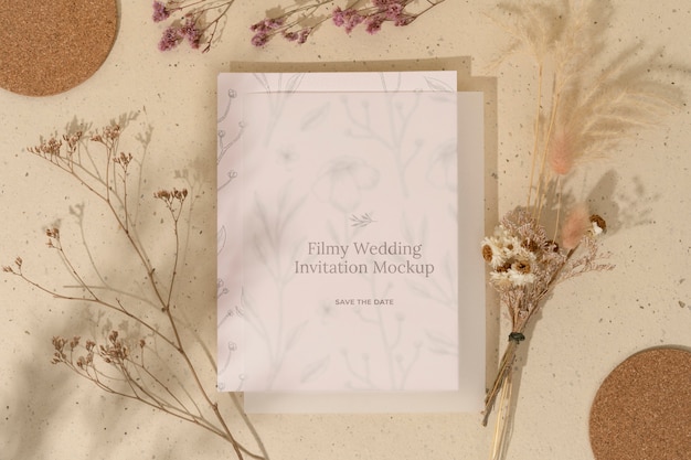 PSD top view of filmy wedding invitation mock-up