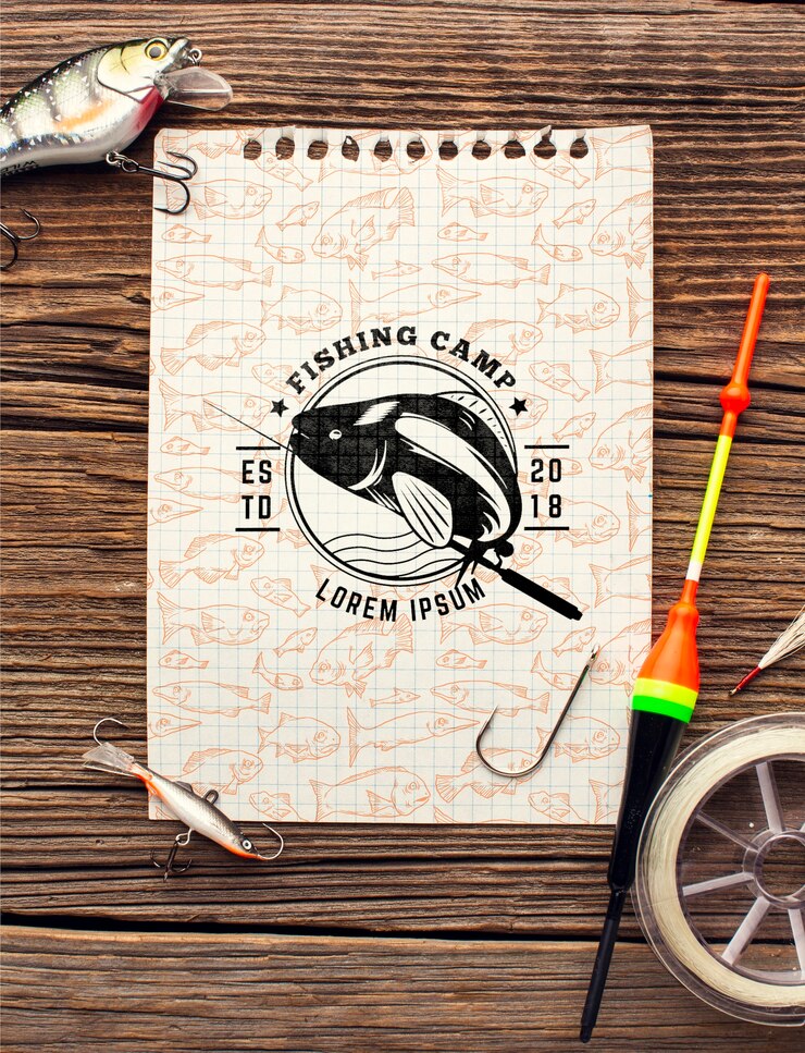 PSD top view fishing accessories mock-up notepad