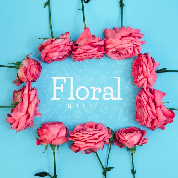 PSD top view floral frame pink roses mockup