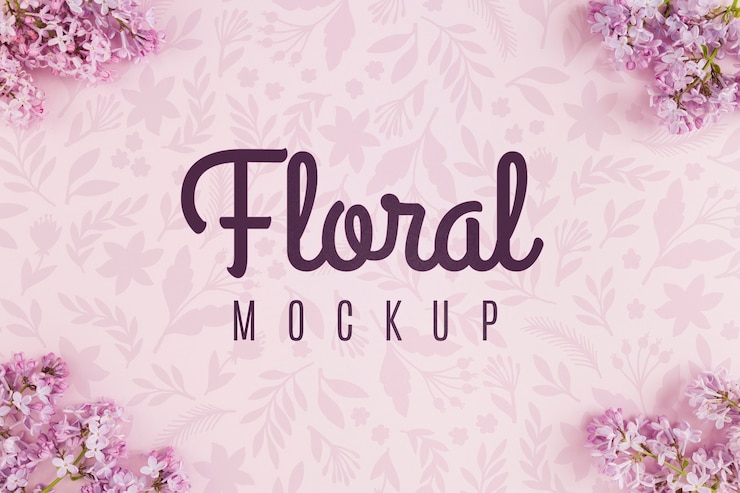 PSD top view floral mock-up with violet flowers