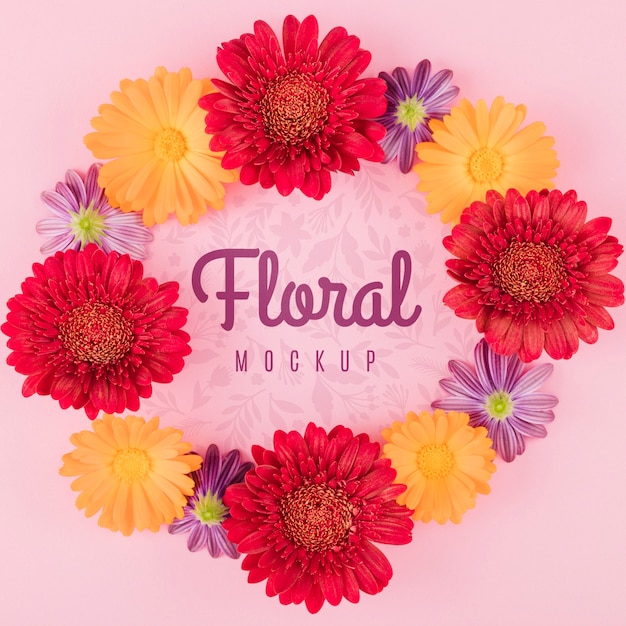 PSD top view floral mock-up with wreath of flowers