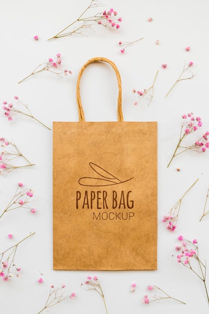 top view flowers and paper bag arrangement