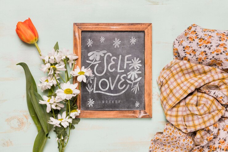 PSD top view flowers with copy space