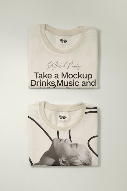 PSD top view on folded tshirt mockup