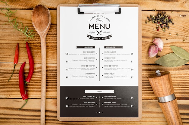 PSD top view of food menu concept mock-up