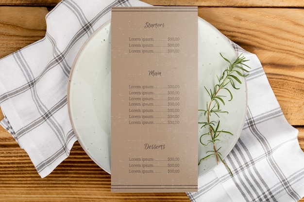 PSD top view of food menu concept mock-up