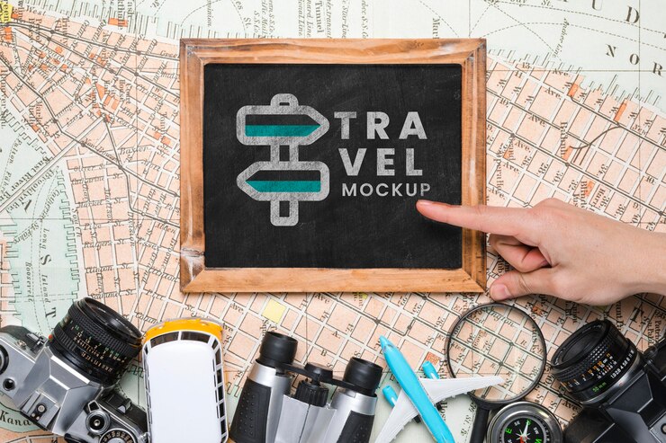 PSD top view of frame mock-up with other traveling essentials