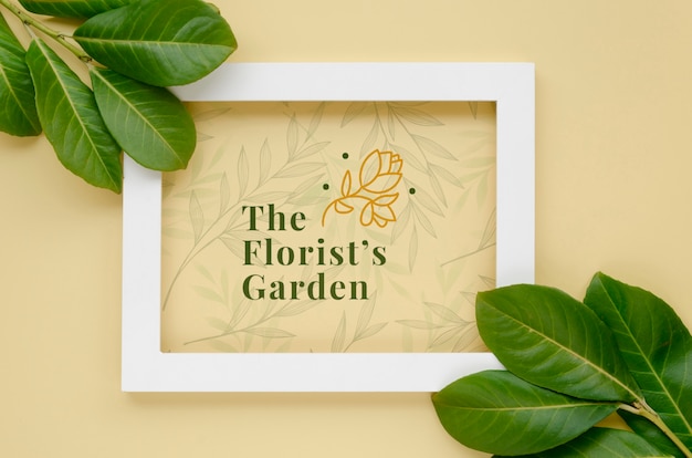 PSD top view frame with botanical leaves