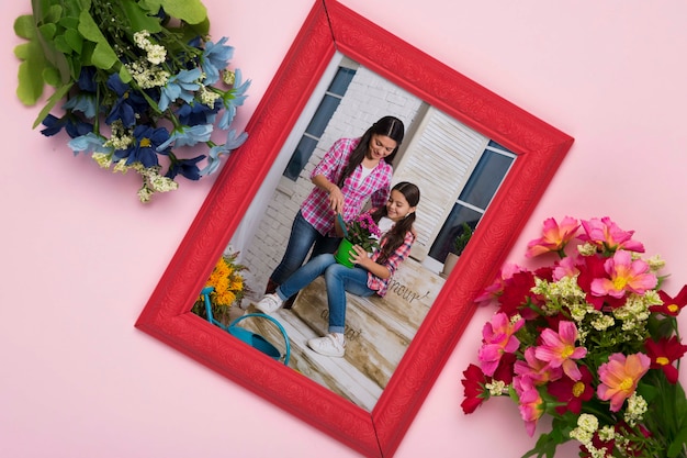 Top view of frame with colorful flowers